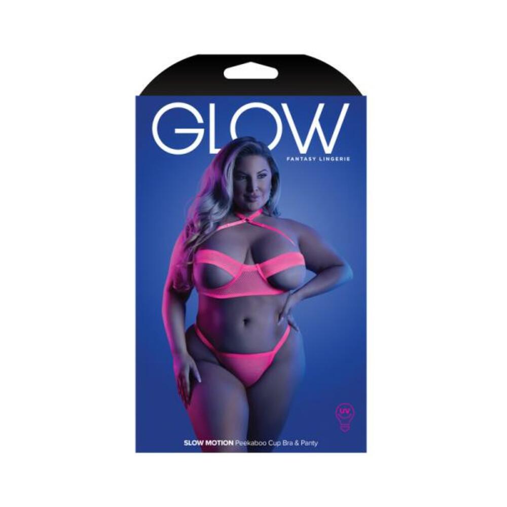Fantasy Lingerie Glow Slow Motion Peek-a-boo Bra &amp; Panty Neon Pink Queen Size