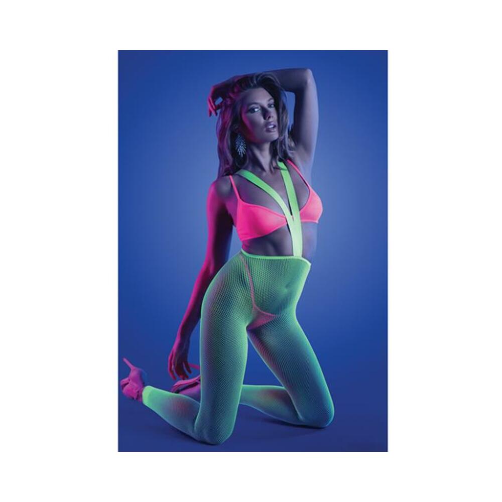 Fantasy Lingerie Glow Come Alive 3-piece Bralette, G-string &amp; Suspender Stockings Set Neon Green O/s