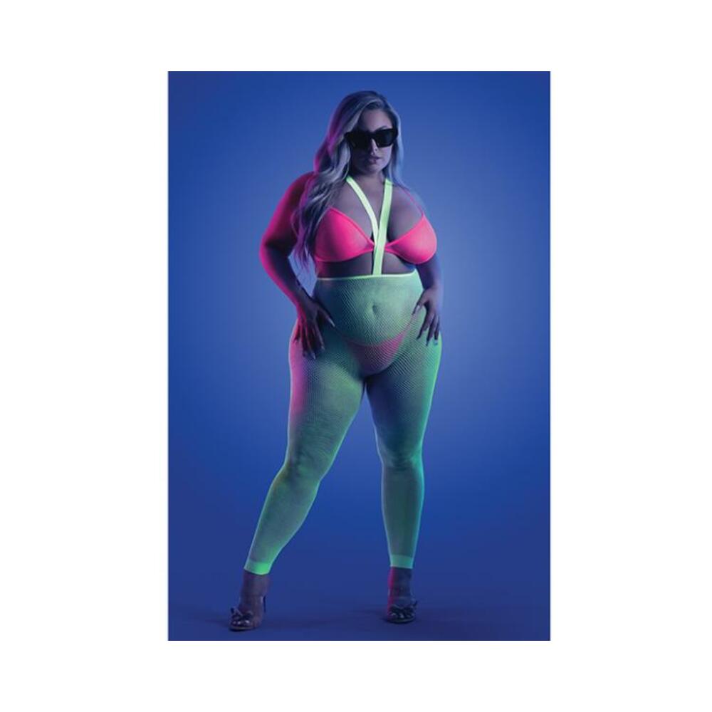 Fantasy Lingerie Glow Come Alive 3-piece Bralette, G-string &amp; Suspender Stockings Set Neon Green Que