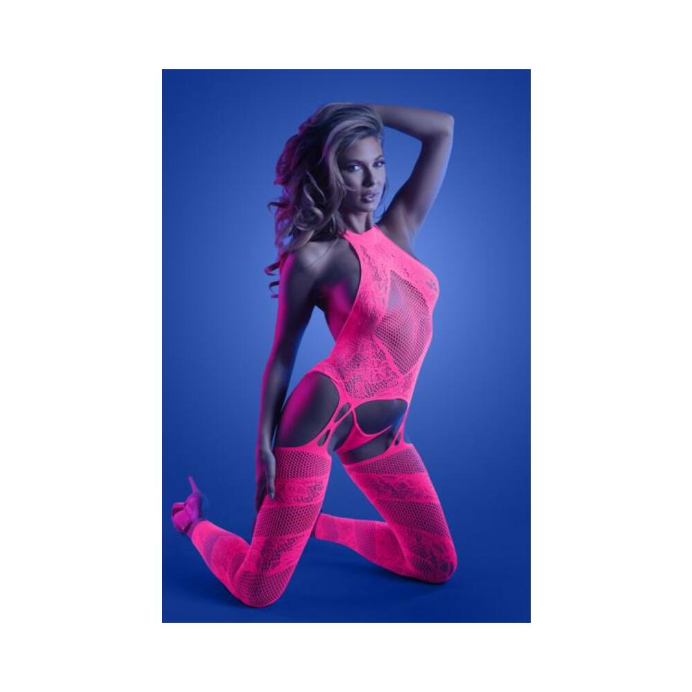 Fantasy Lingerie Glow Captivating High Neck Halter Bodystocking &amp; G-string Set Neon Pink O/s