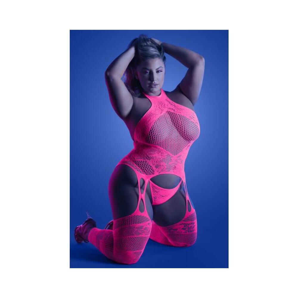 Fantasy Lingerie Glow Captivating High Neck Halter Bodystocking &amp; G-string Set Neon Pink Queen Size