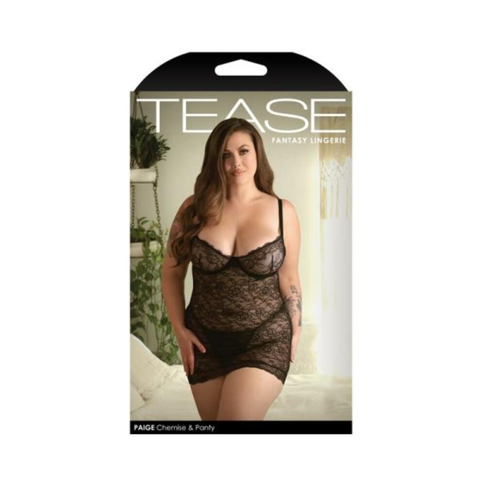 Fantasy Lingerie Tease Paige Lace Chemise &amp; G-string Panty Black 3xl/4xl