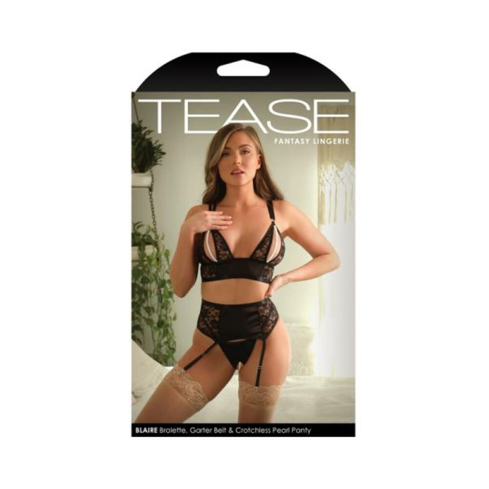 Fantasy Lingerie Tease Blaire Pearl Split Cup Bralette, Garter Belt &amp; Crotchless Pearl G-string Blac