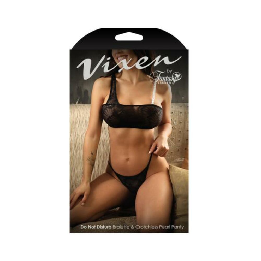 Fantasy Lingerie Vixen Do Not Disturb Pearl Bralette &amp; Crotchless Pearl Thong Black L/xl