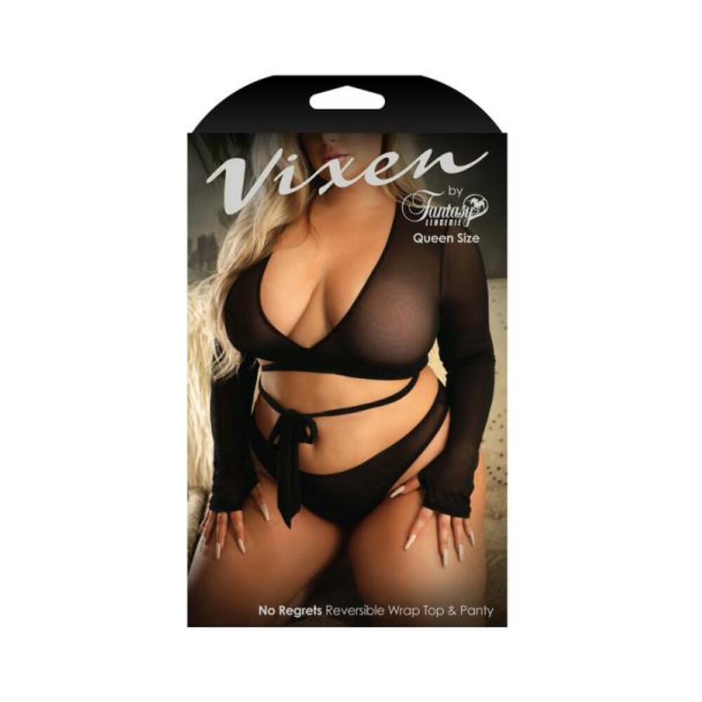 Fantasy Lingerie Vixen No Regrets Reversible Longsleeve Wrap Top &amp; Thong Panty Black Queen Size