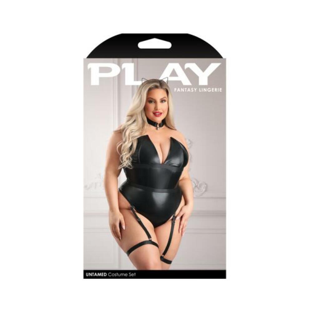 Fantasy Lingerie Play Untamed Structured Wetlook Teddy With Snap Closure, Removable Leg Garters &amp; He