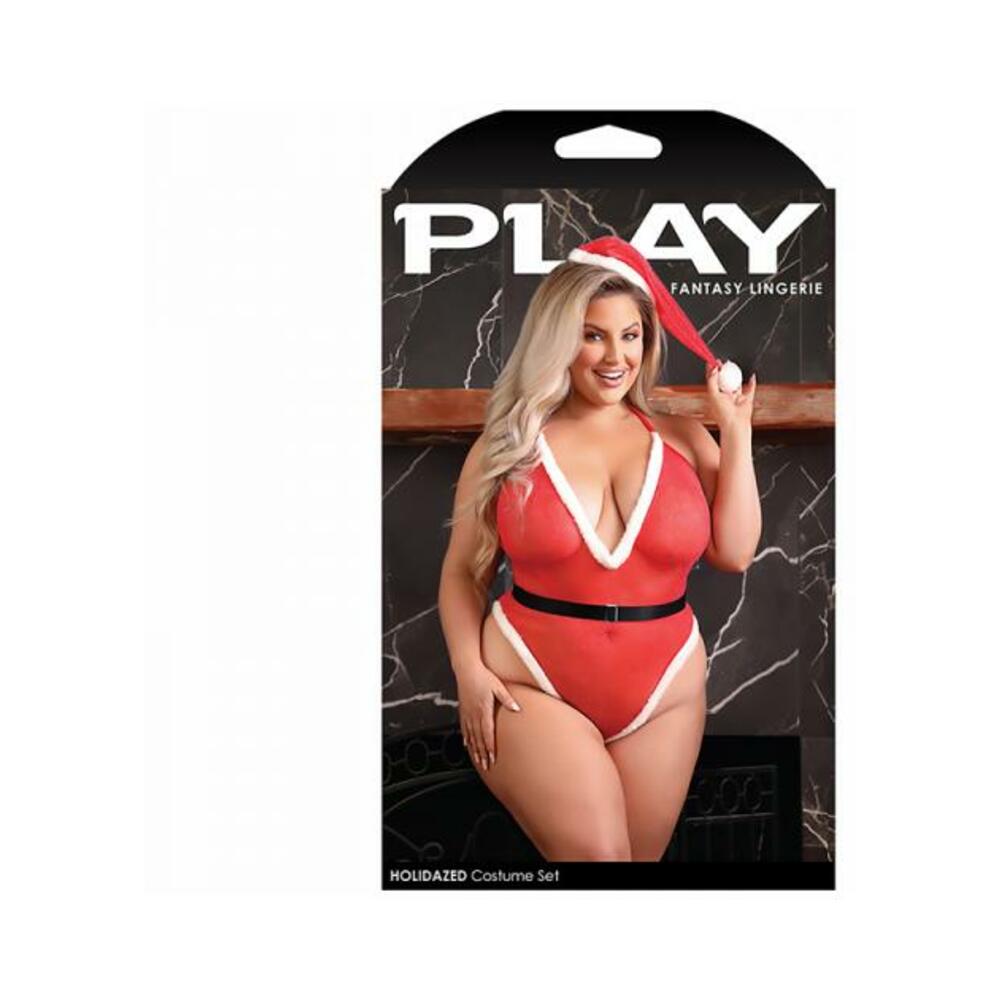 Fantasy Lingerie Play Holidazed Sheer Sparkle Mesh Teddy With Faux Fur Trim, Belt &amp; Santa Hat Red 1x
