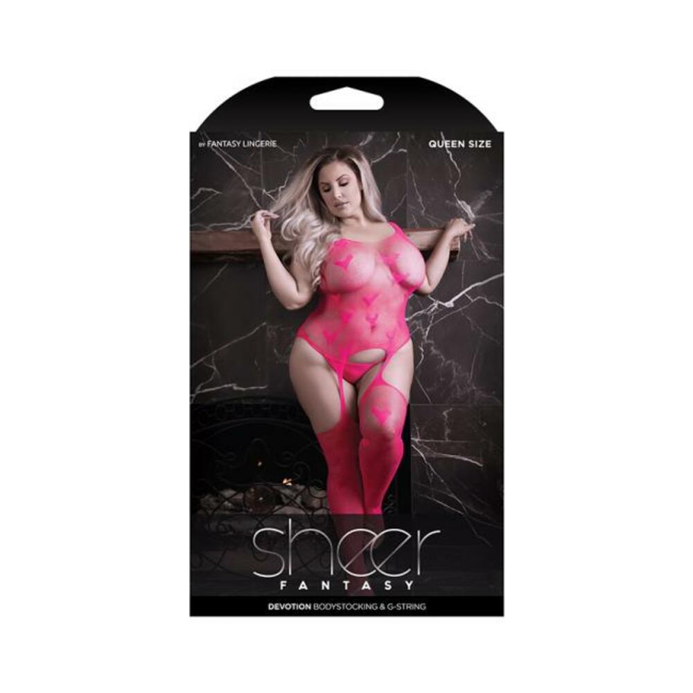 Fantasy Lingerie Sheer Devotion Heart Patterned Bodystocking &amp; G-string Panty Pink Queen Size