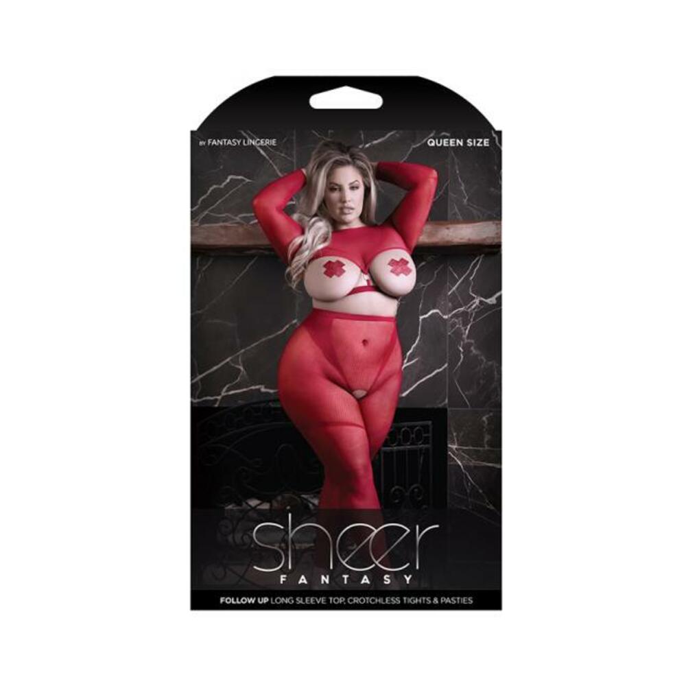 Fantasy Lingerie Sheer Follow Up Longsleeve Open Top, Crotchless Tights &amp; 1 Pair Of Pasties Red Quee