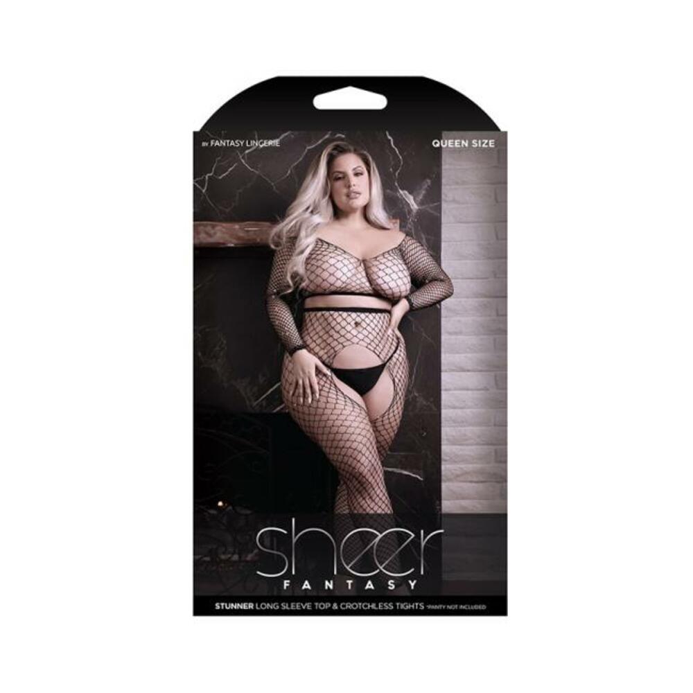Fantasy Lingerie Sheer Stunner Rhinestone Fishnet Longsleeve Top &amp; Crotchless Tights Black Queen Siz