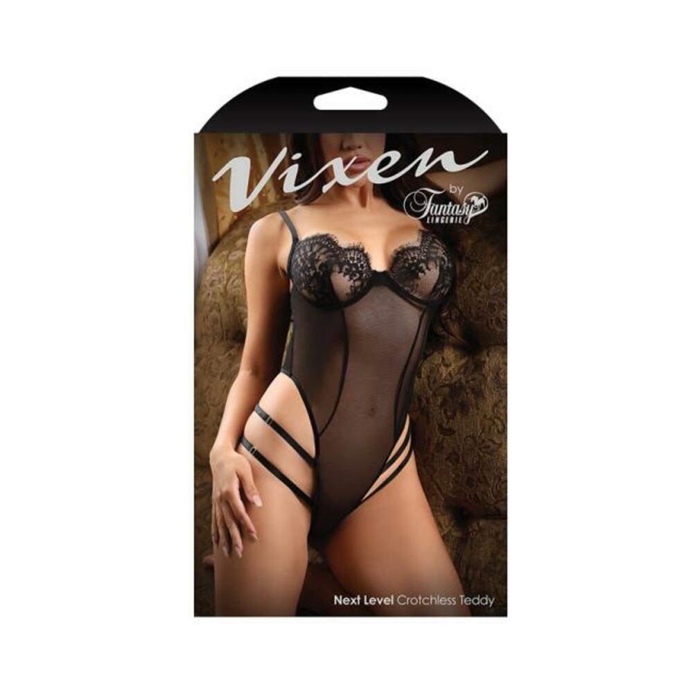 Fantasy Lingerie Vixen Next Level Strappy Crotchless Teddy With Lace Underwire Cups Black L/xl