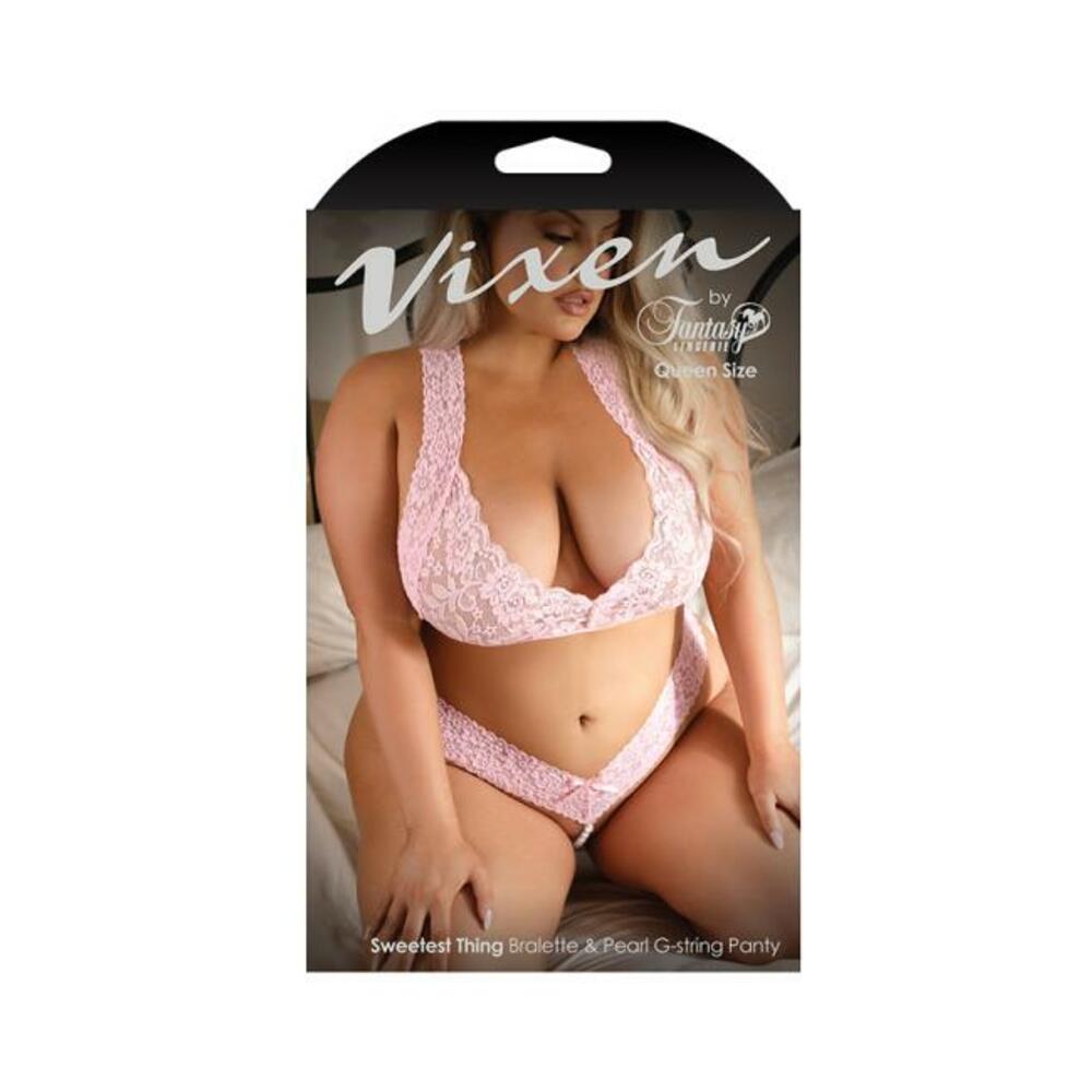 Fantasy Lingerie Vixen Sweetest Thing Lace Bralette &amp; Pearl G-string Panty Pink Queen Size