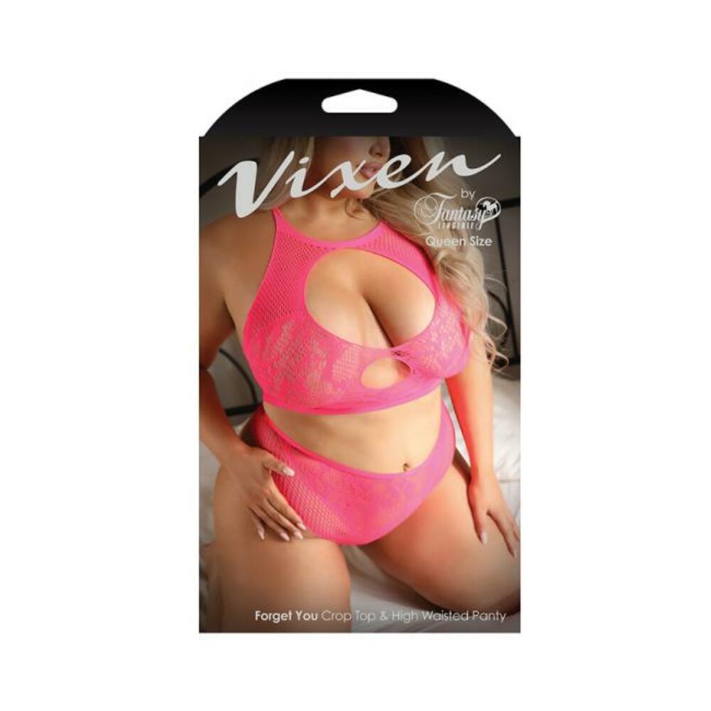 Fantasy Lingerie Vixen Forget You Seamless Lace Crop Top &amp; High Waisted Panty Pink Queen Size