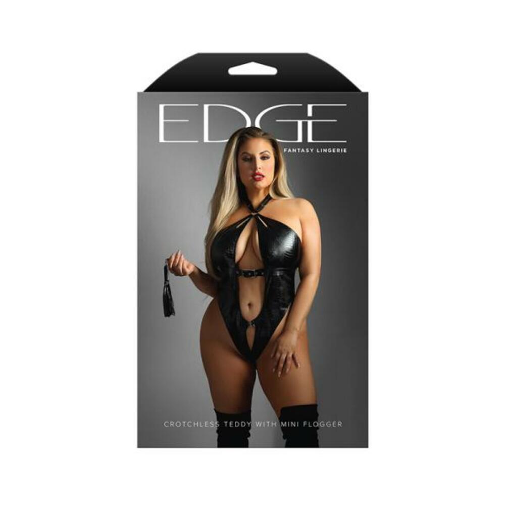 Fantasy Lingerie Edge Croc Embossed Wetlook Crotchless Teddy & Clip-on Mini Flogger Queen Size