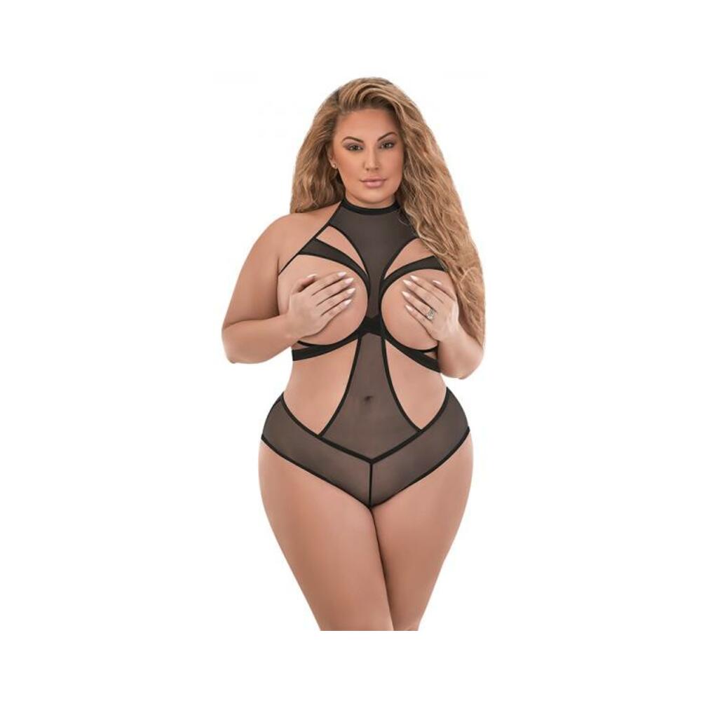 Magic Silk Forever Mesh Cupless &amp; Crotchless Halter Teddy With Split -ack Black Queen