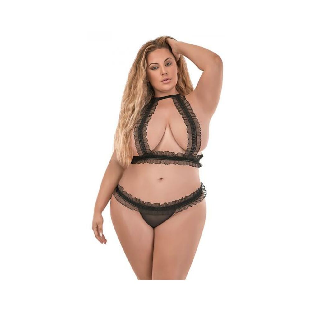 Magic Silk Ruffled Halter Bra &amp; Split-crotch Thong Black Queen