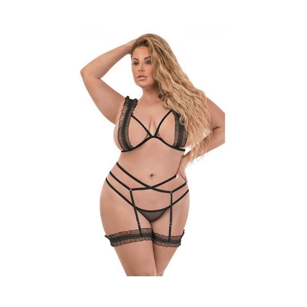 Magic Silk Ruffled Bra, Stirrup Garter &amp; Split-crotch Panty Set Black Queen