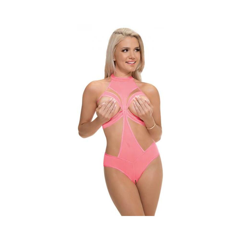 Magic Silk Forever Mesh Cupless &amp; Crotchless Halter Teddy With Split-back Coral S/m