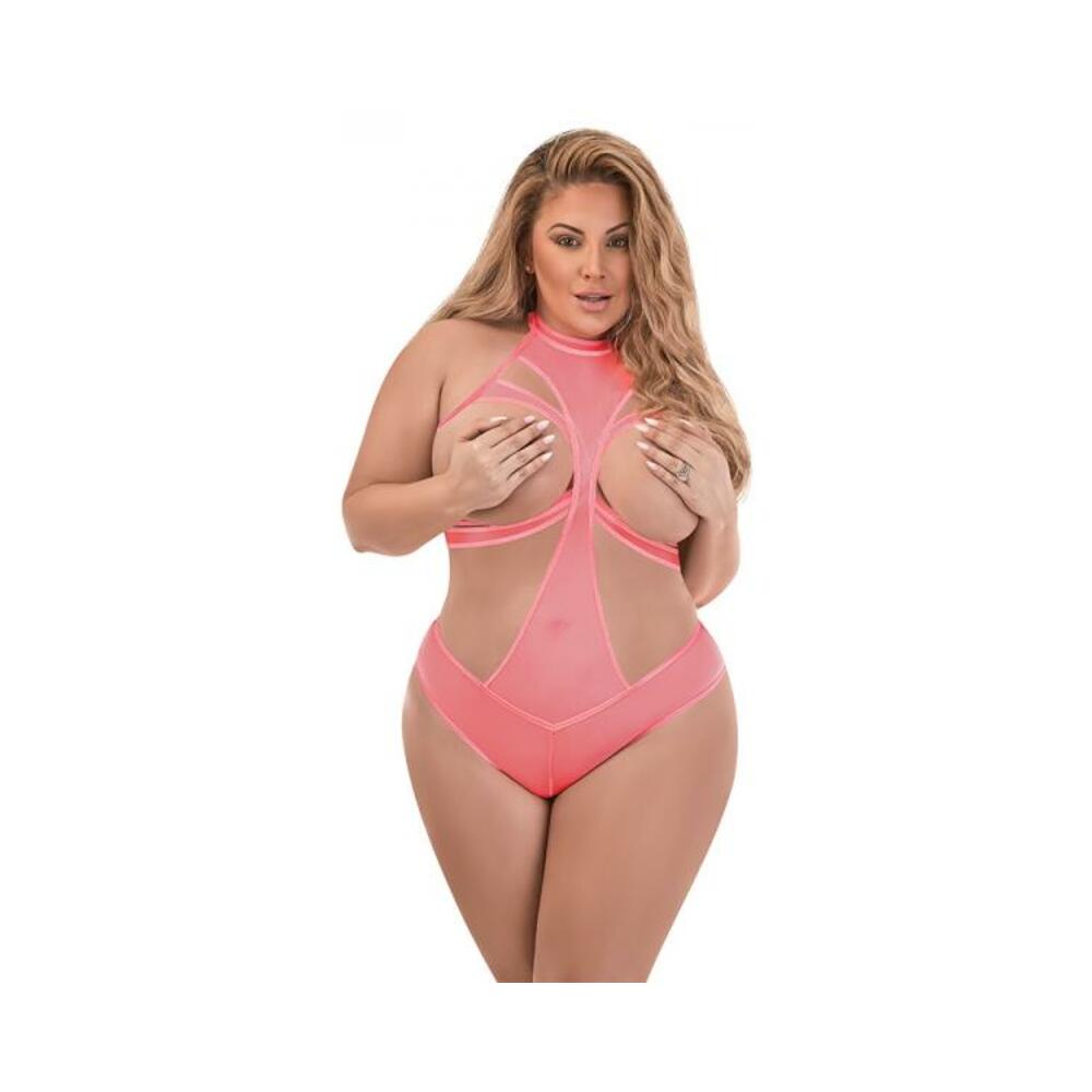 Magic Silk Forever Mesh Cupless &amp; Crotchless Halter Teddy With Split-back Coral Queen
