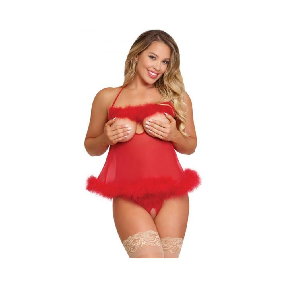 Magic Silk Marabou Cupless &amp; Crotchless Babydoll Set Red Queen