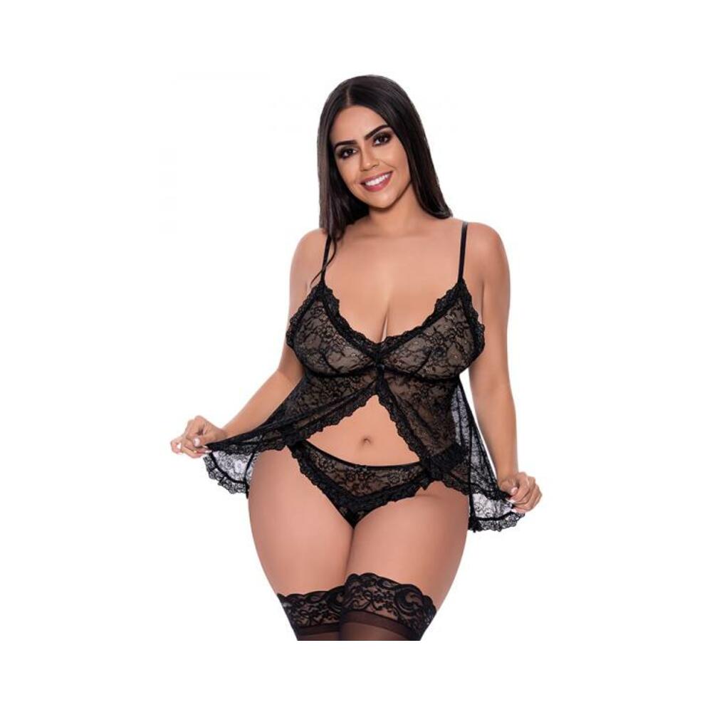 Magic Silk Ooh La Lace Babydoll &amp; Split-crotch Panty Set Black Queen