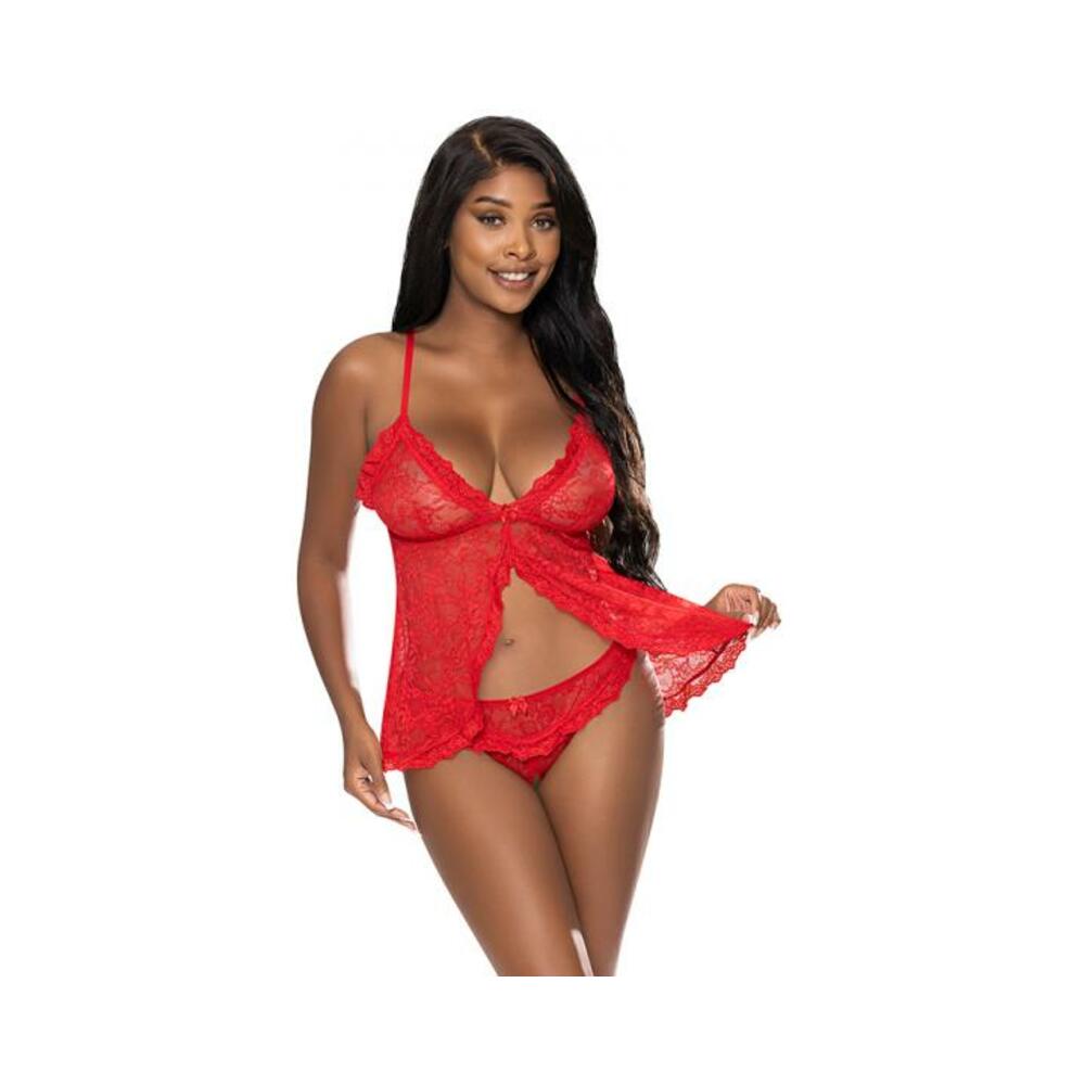 Magic Silk Ooh La Lace Babydoll &amp; Split-crotch Panty Set Red S/m
