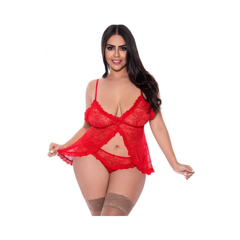 Magic Silk Ooh La Lace Babydoll &amp; Split Crotch Panty Set Red Queen