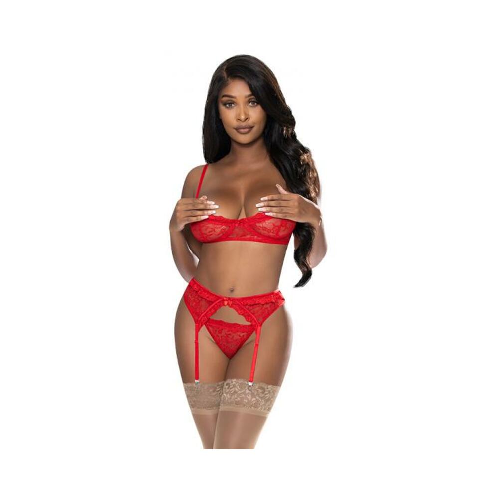 Magic Silk Ooh La Lace Demi Bra, Garter &amp; Tanga Set Red S/m