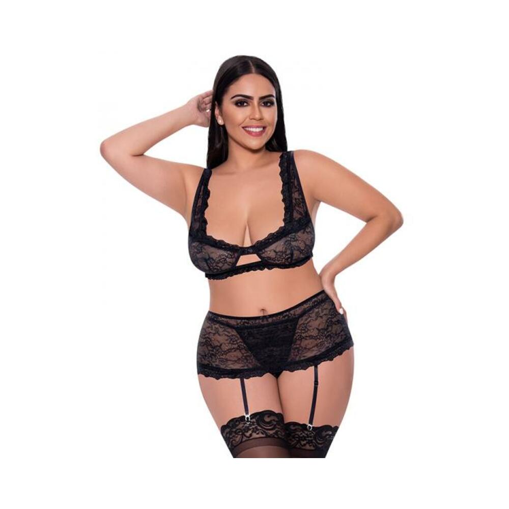 Magic Silk Ooh La Lace Bralette, Garter Skirt &amp; G-string Set Black Queen