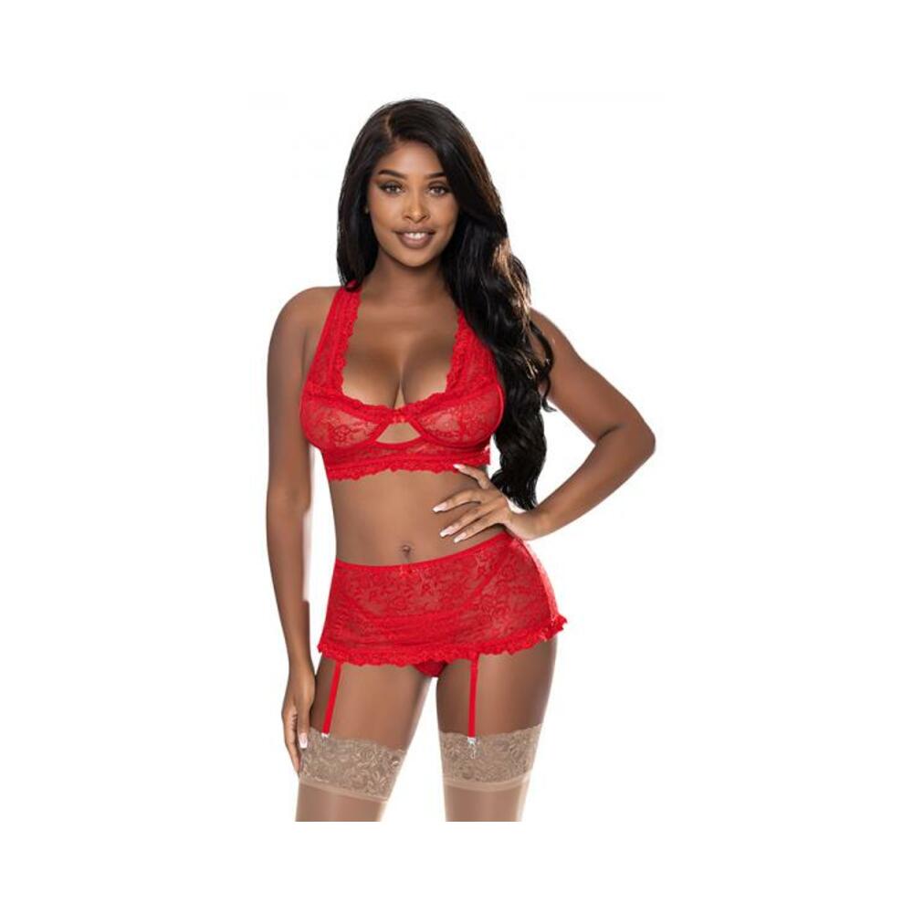 Magic Silk Ooh La Lace Bralette, Garter Skirt &amp; G-string Set Red S/m