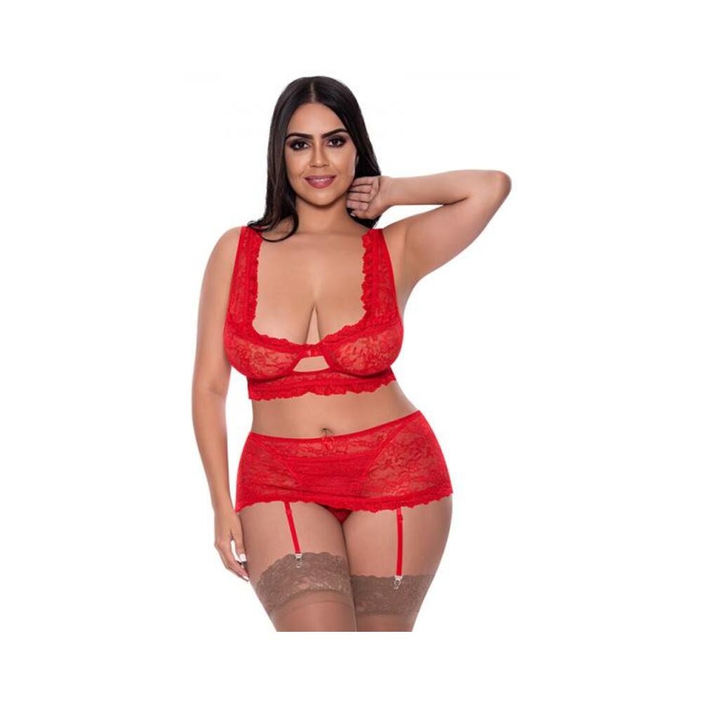 Magic Silk Ooh La Lace Bralette, Garter Skirt &amp; G-string Set Red Queen