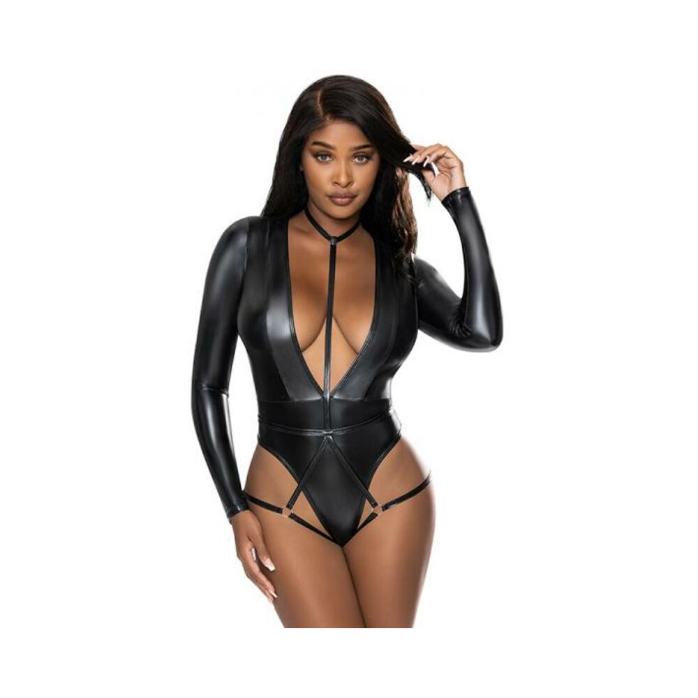 Magic Silk Liquid Onyx Long Sleeve Teddy With Harness Caging Black S/m