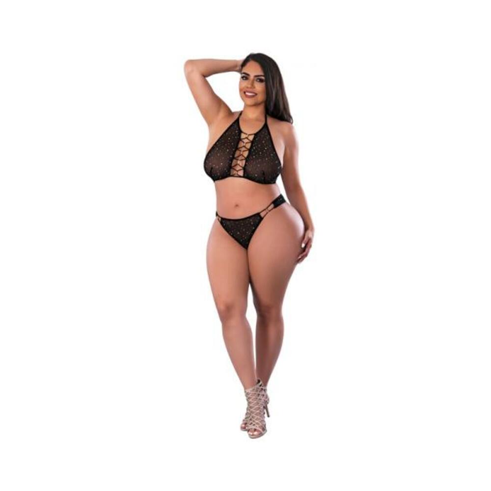 Magic Silk Glitz &amp; Glam Halter Bralette And Panty Set Black Queen Size