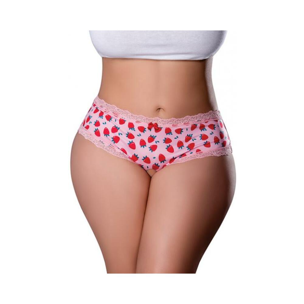 Sweet Treats Crotchless Boy Short W/wicked Sensual Care Strawberry Lube - Pink Qn
