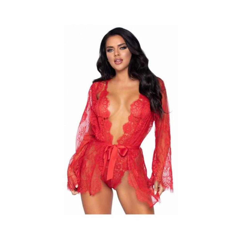 Floral Lace Teddy Thong Robe Tie Sm Red