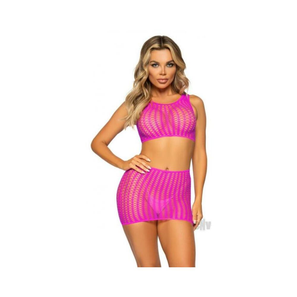 Crochet Tank Top/mini Skirt 2pc Os Pink