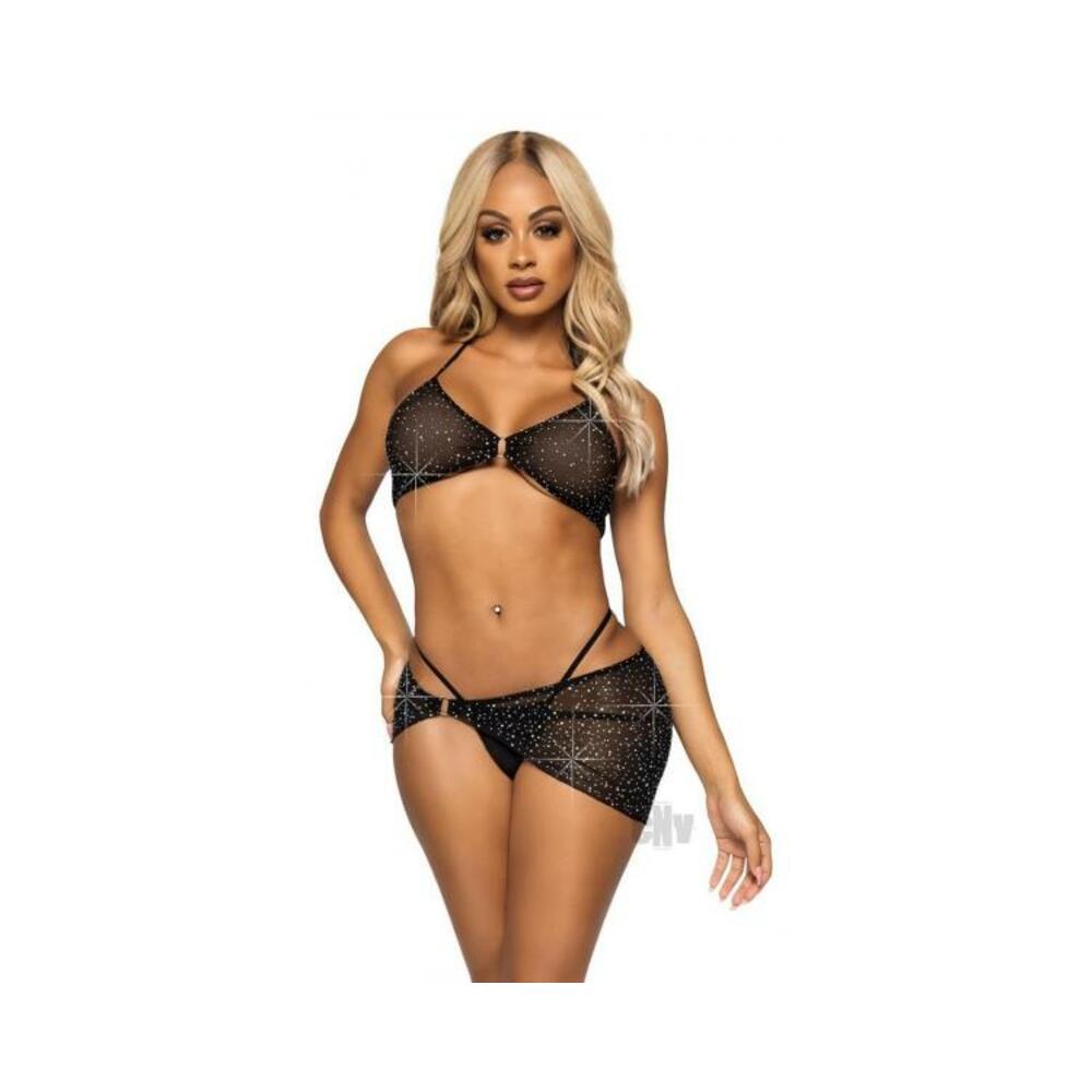 Rhinestone Bra Gstring Sarong 3pc Sm Blk