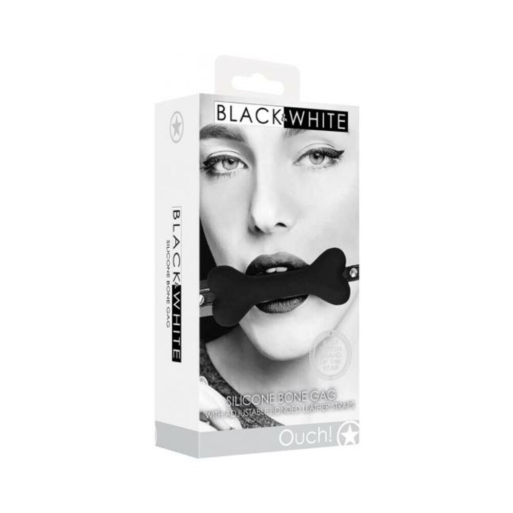 Ouch! Black & White Silicone Bone Gag With Adjustable Bonded Leather Straps Black