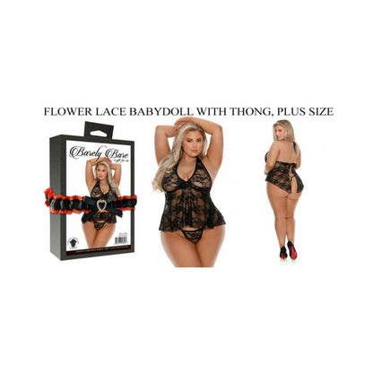 Barely Bare Flower Lace Babydoll With Thong Plus Size Black