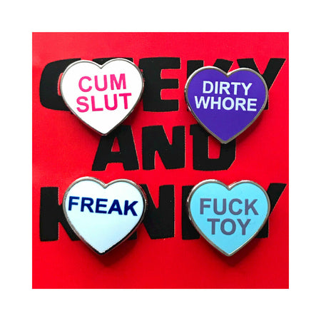 Geeky & Kinky Heart Pin 4-Pack (intimate wellness Slut Dirty Whore Freak Fuck Toy)