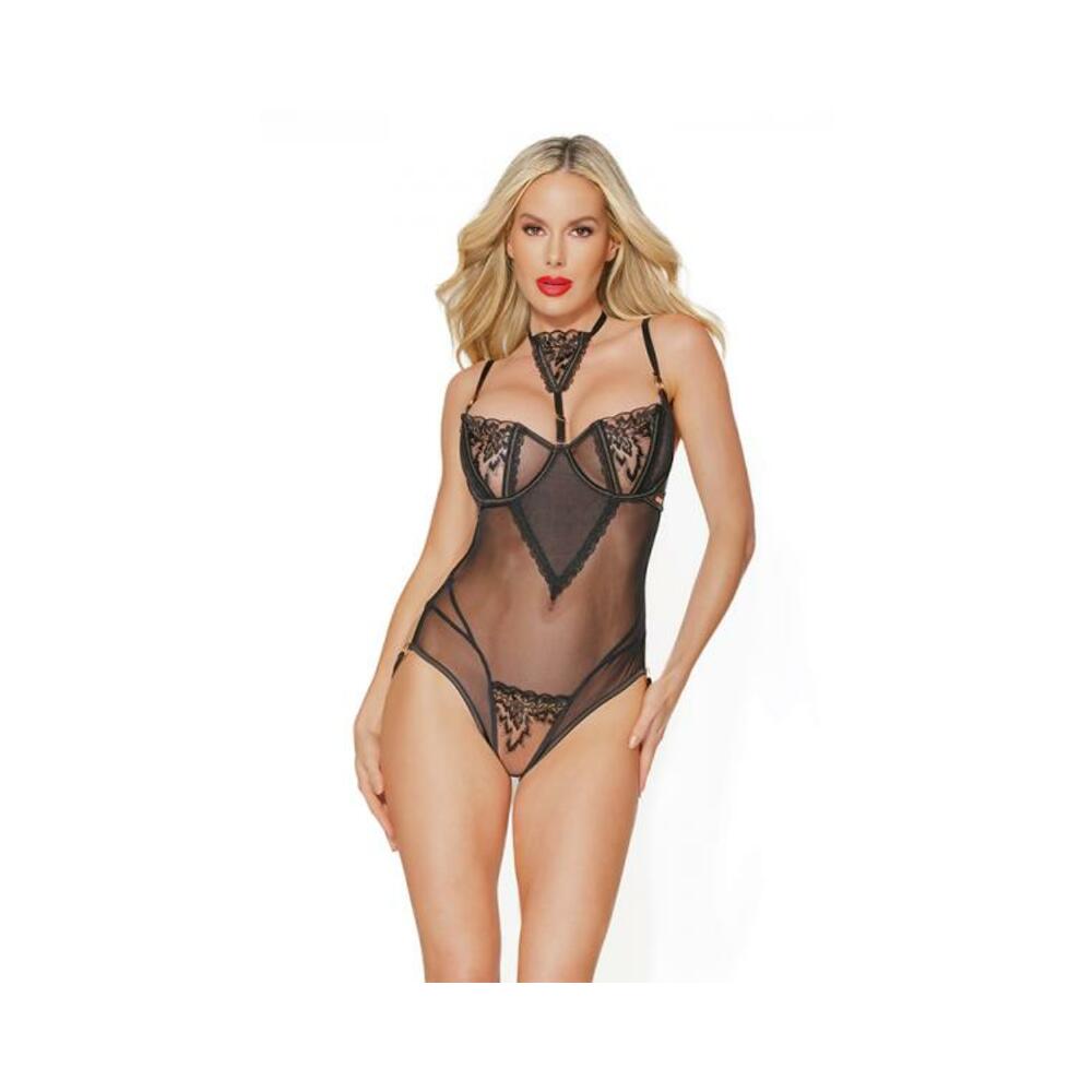 Black Label Crotchless Teddy Black/rose Gold Large