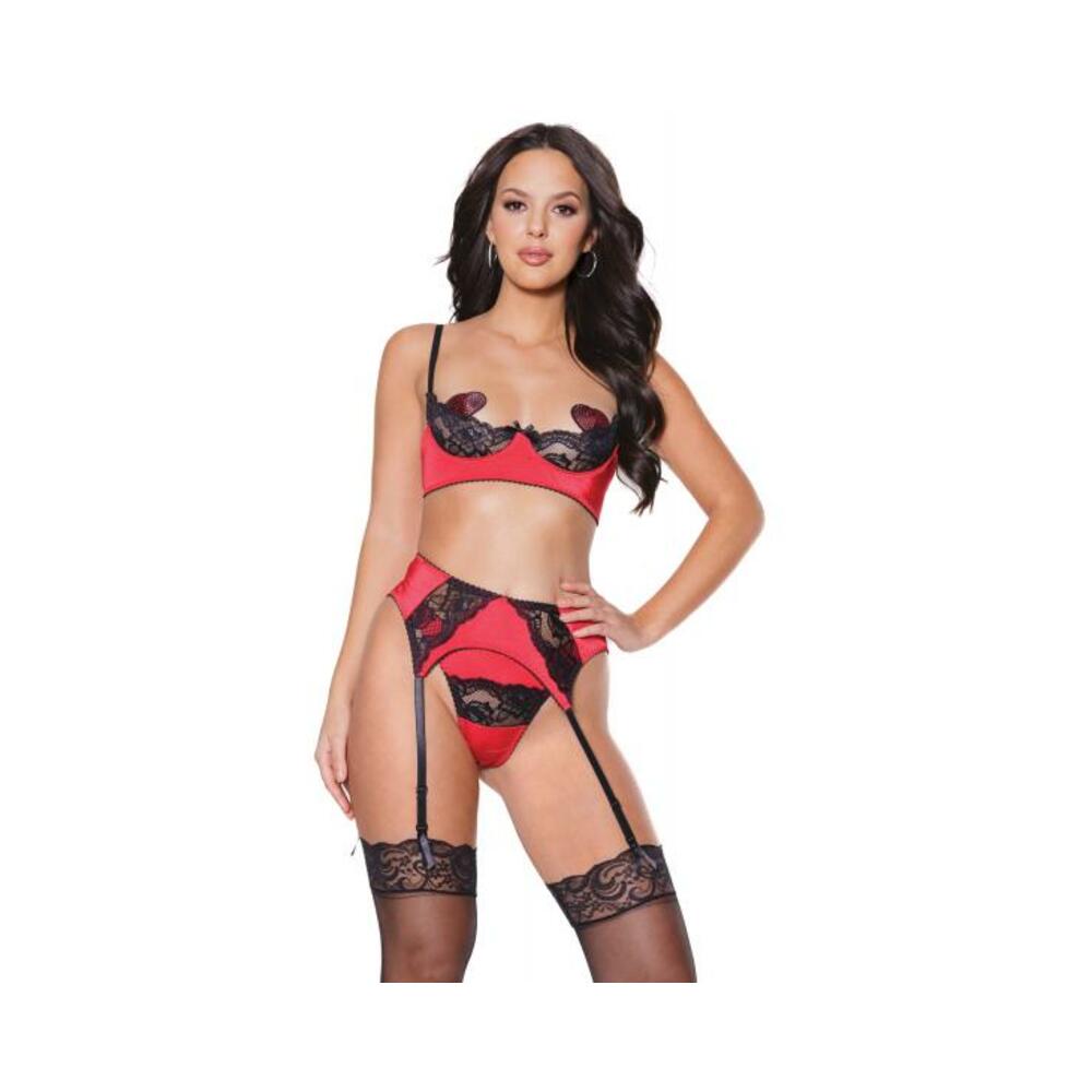 Holiday Stretch Knit &amp; Lace Demi Cup Bra, Garter Belt &amp; Thong Red/black Xl