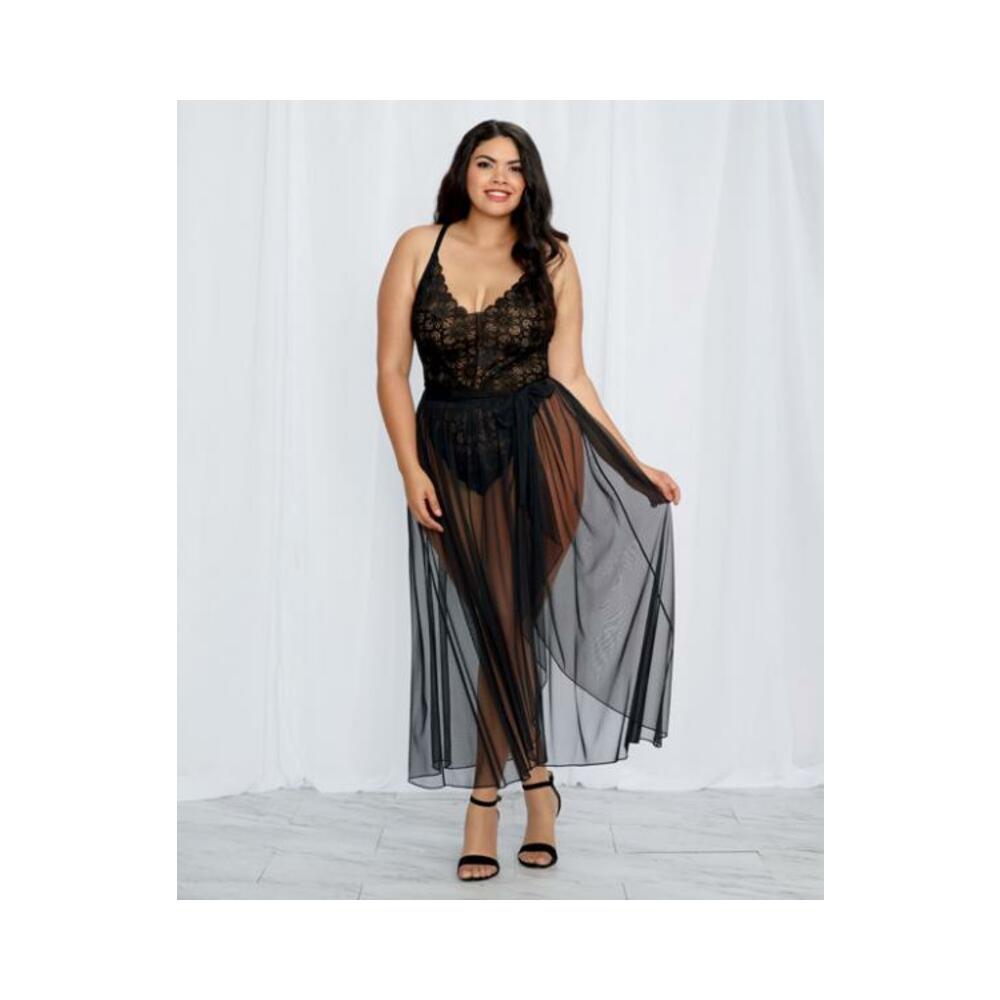Dreamgirl Plus-size Stretch Lace Teddy &amp; Sheer Mesh Maxi Skirt With Adjustable Straps &amp; G-string Bla