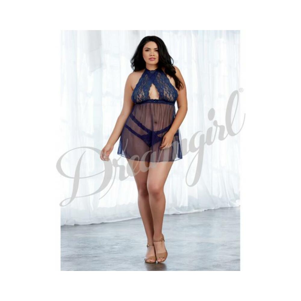Dreamgirl Stretch Lace &amp; Mesh Babydoll With High-neck Halter Styling Midnight Queen
