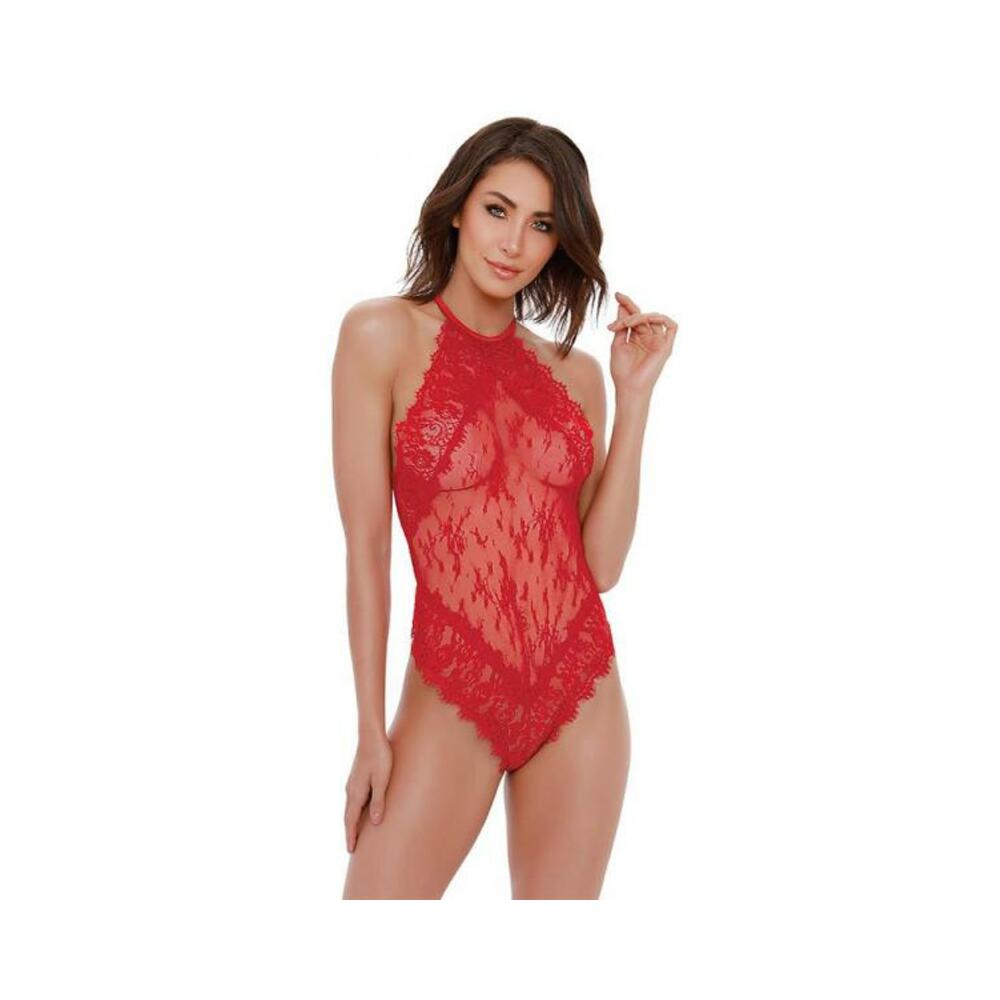 Dreamgirl Eyelash Lace Halter Teddy With High Tie-neck Closure &amp; Snap Crotch Red Large Hanging