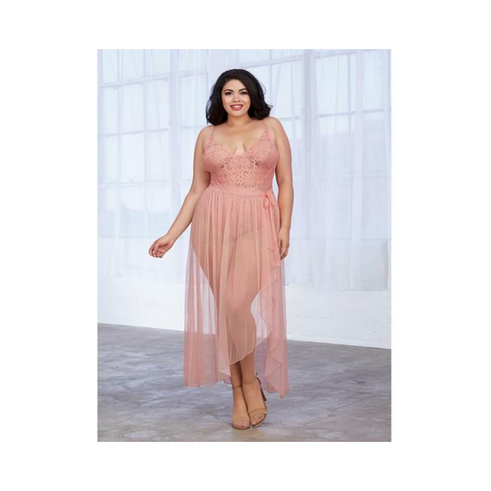 Dreamgirl Plus-size Stretch Lace Teddy &amp; Sheer Mesh Maxi Skirt With Adjustable Straps &amp; G-string Ros