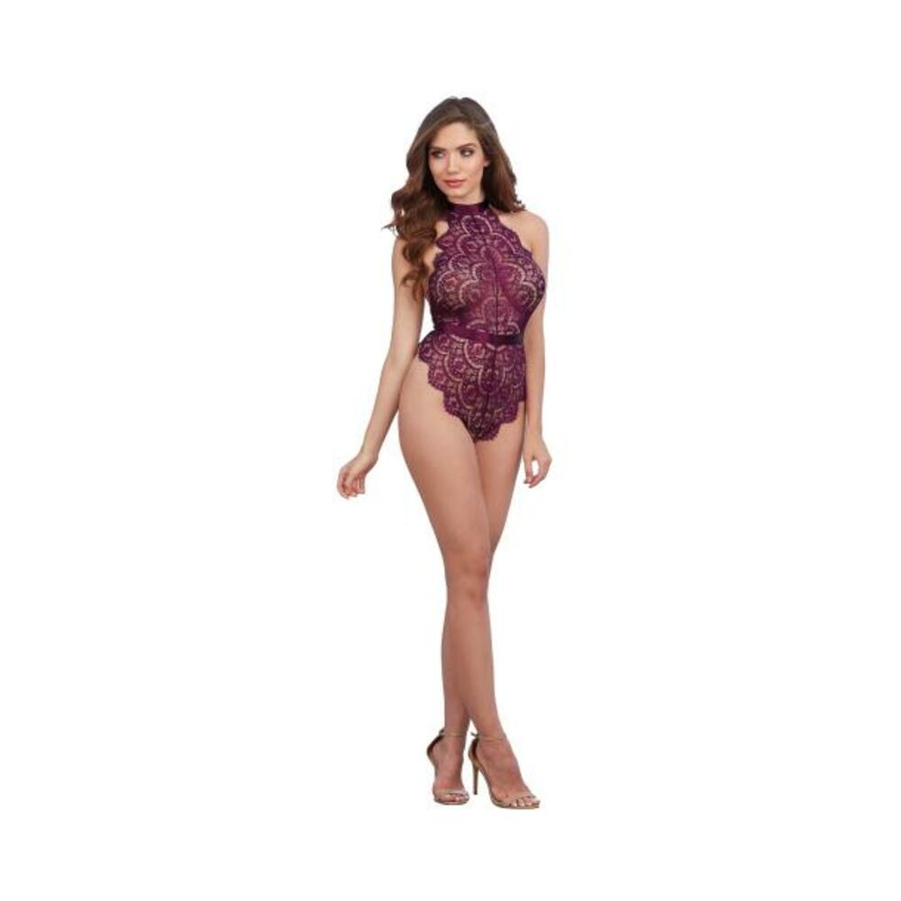 Dreamgirl Eyelash Lace Teddy With Halter Neckline And Low, Open Back With Adjustable Tie-back Ribbon