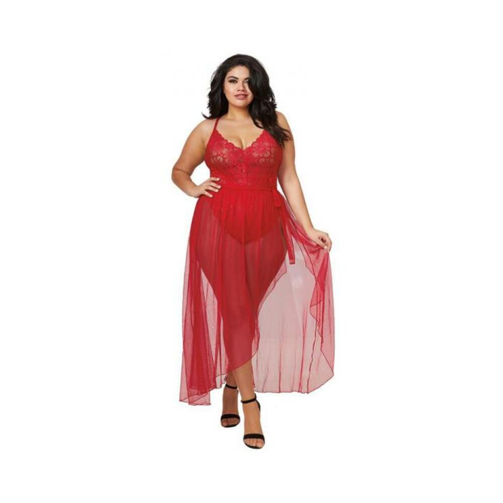Dreamgirl Plus-size Stretch Lace Teddy &amp; Sheer Mesh Maxi Skirt With Adjustable Straps &amp; G-string Rou