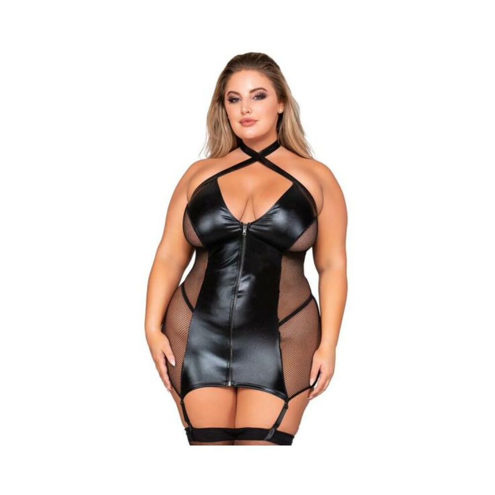 Dreamgirl Stretch Faux-leather And Fishnet Garter Slip Queen