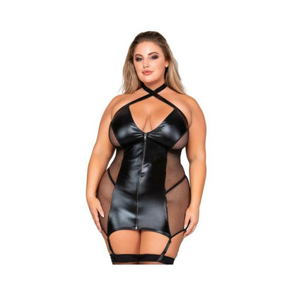 Dreamgirl Stretch Faux-leather And Fishnet Garter Slip Queen